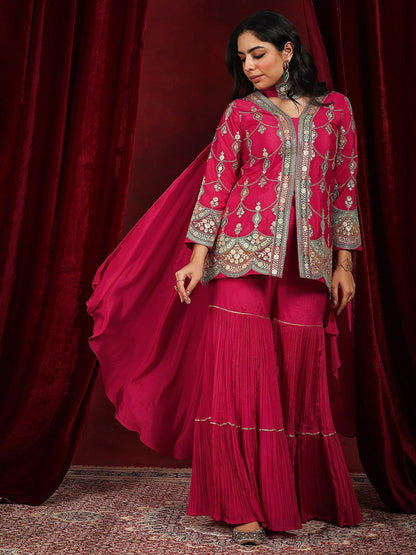 Dhiyona LL Floral Embroidered Notch Neck Zari Straight Kurti With Sharara And Dupatta