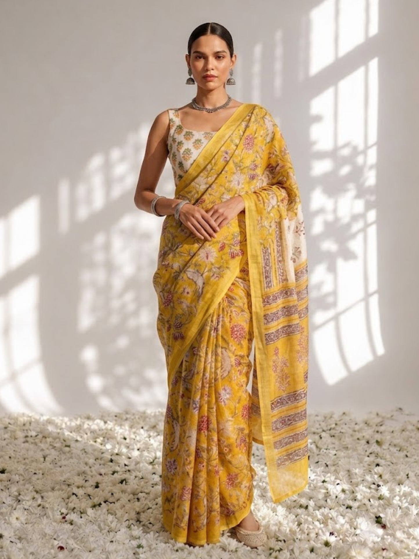 Dhiyona ST Yellow Pure Silk Chiffon Printed Saree with Blouse Fabric