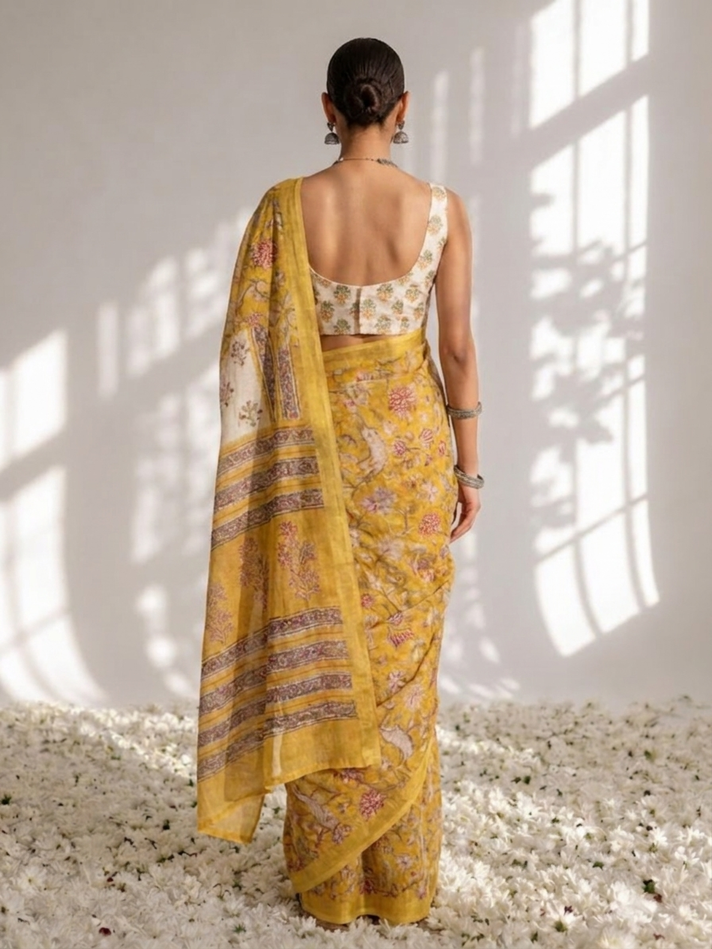 Dhiyona ST Yellow Pure Silk Chiffon Printed Saree with Blouse Fabric