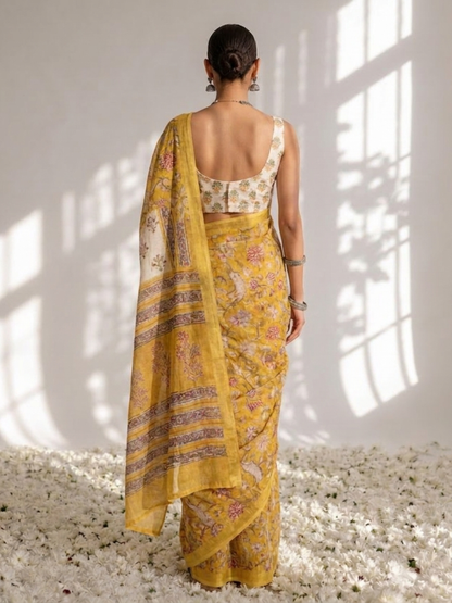 Dhiyona ST Yellow Pure Silk Chiffon Printed Saree with Blouse Fabric