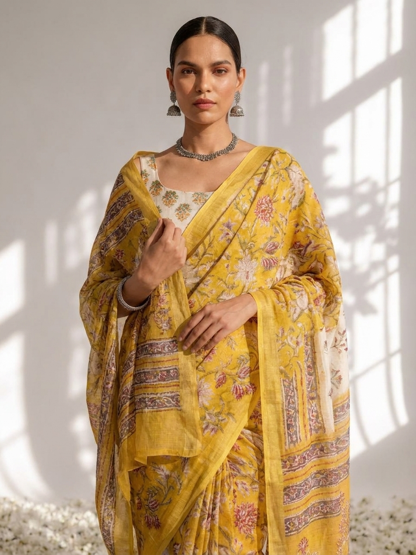 Dhiyona ST Yellow Pure Silk Chiffon Printed Saree with Blouse Fabric