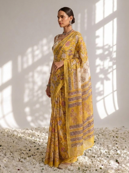 Dhiyona ST Yellow Pure Silk Chiffon Printed Saree with Blouse Fabric