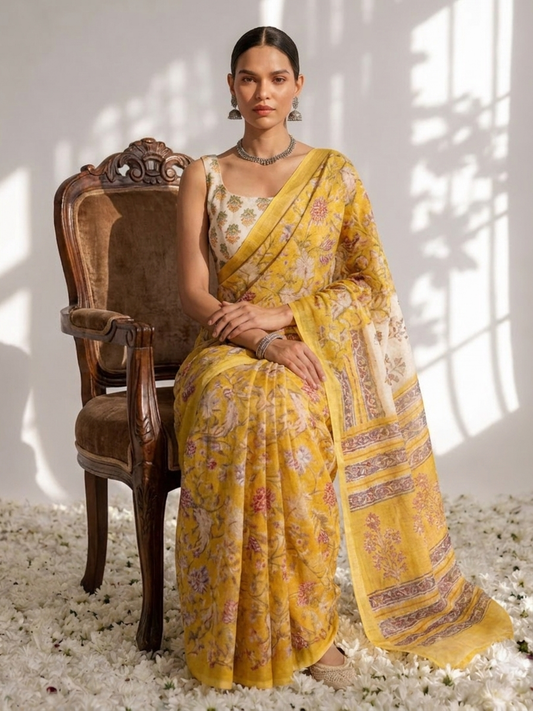 Dhiyona ST Yellow Pure Silk Chiffon Printed Saree with Blouse Fabric