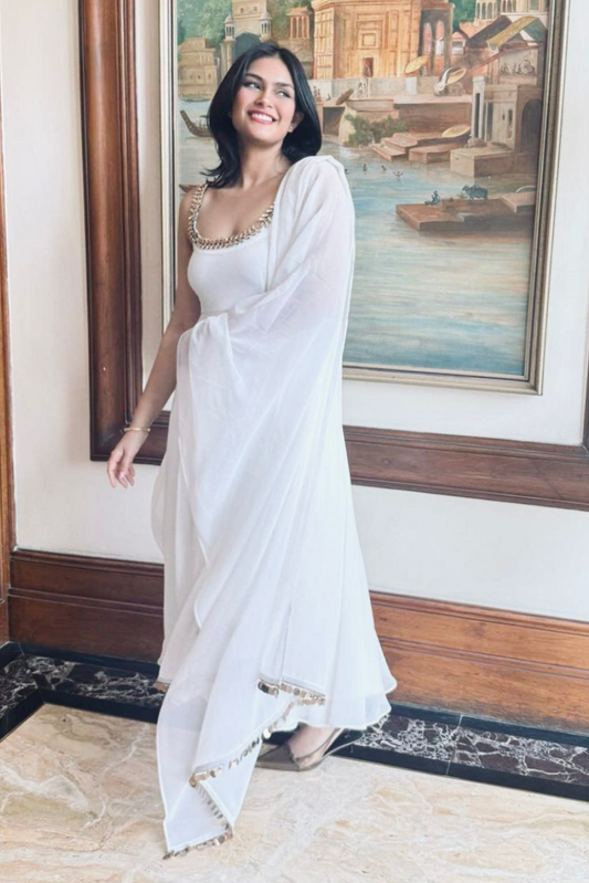 Dhiyona ST 3 pc Suit Set - White Georgette Anarkali Suit with Glass Beads Neck with Pants and Dupatta