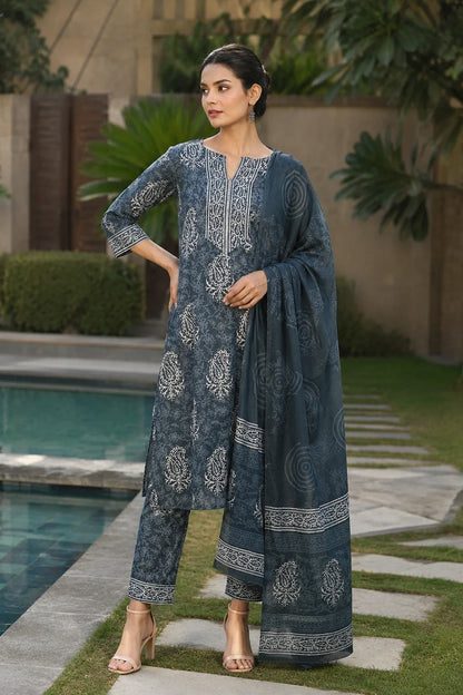 Idhika Block Printed Kurta-Pants & Dupatta Set