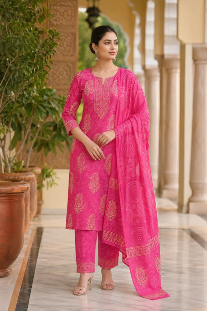 Abhati Block Printed Kurta-Pants & Dupatta Set