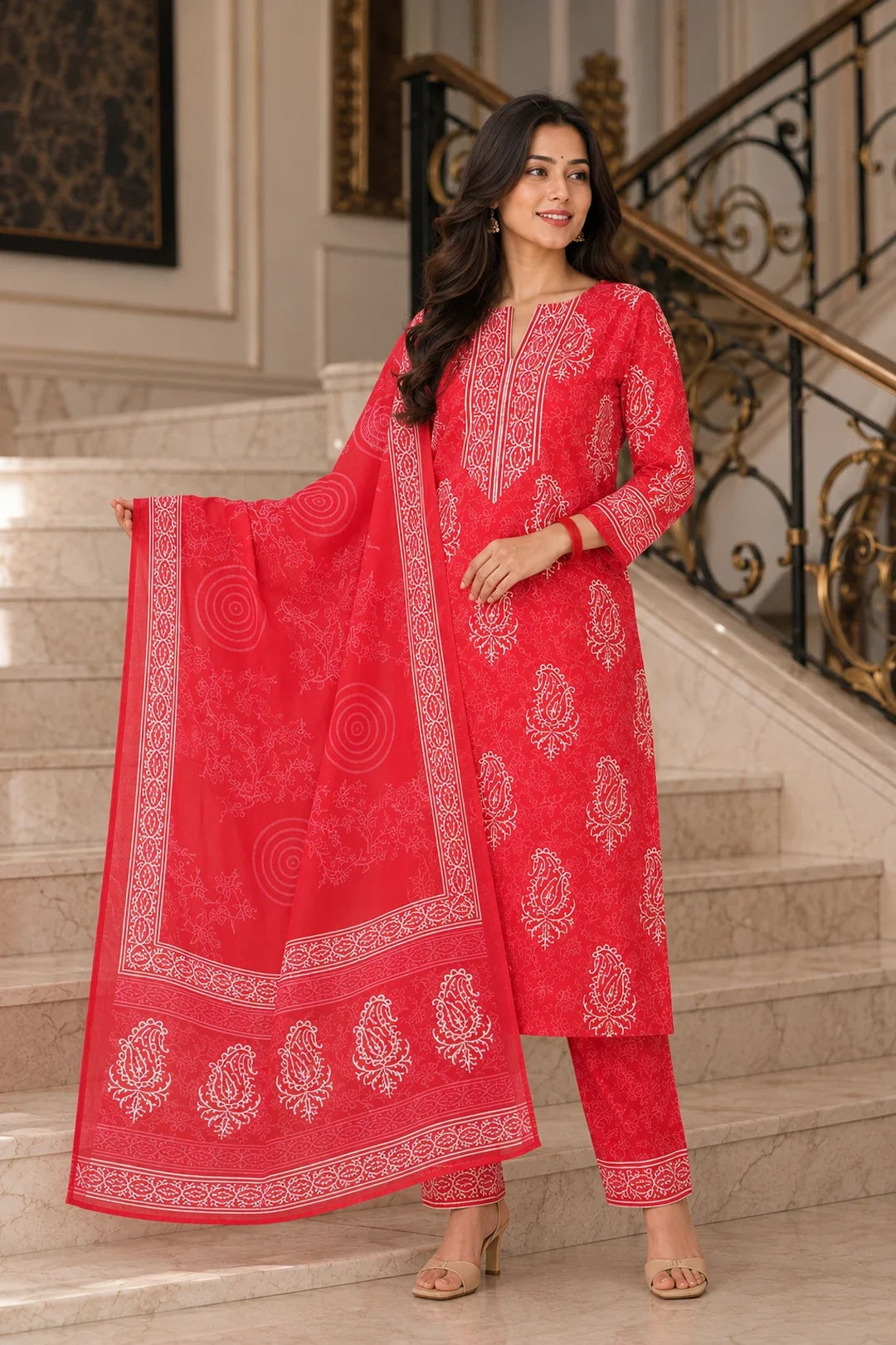 KYNA BLOCK PRINTED KURTA-PANTS & DUPATTA SET