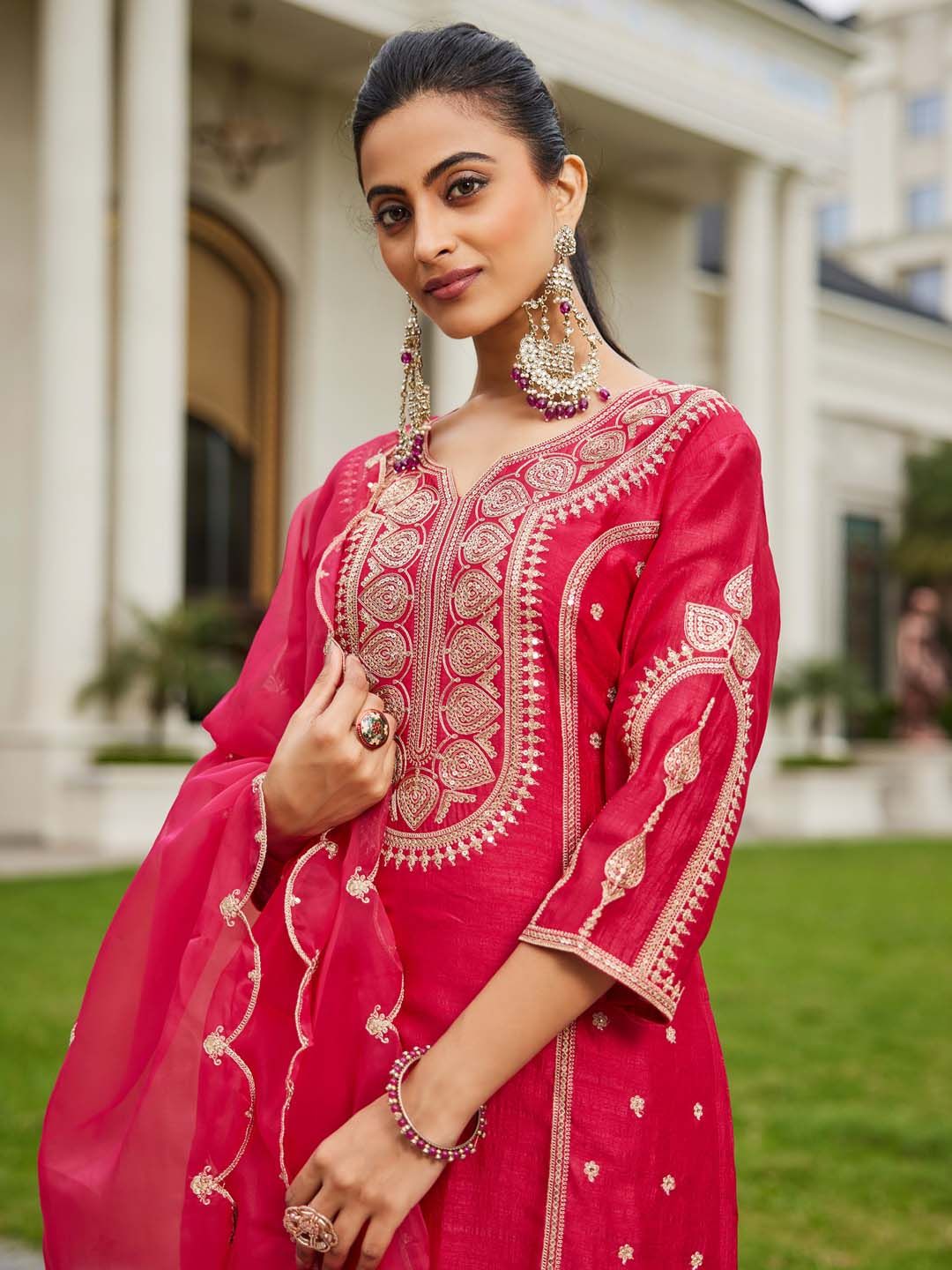 Dhiyona IE Women Ethnic Motifs Embroidered Panelled Kurta with Trousers & With Dupatta