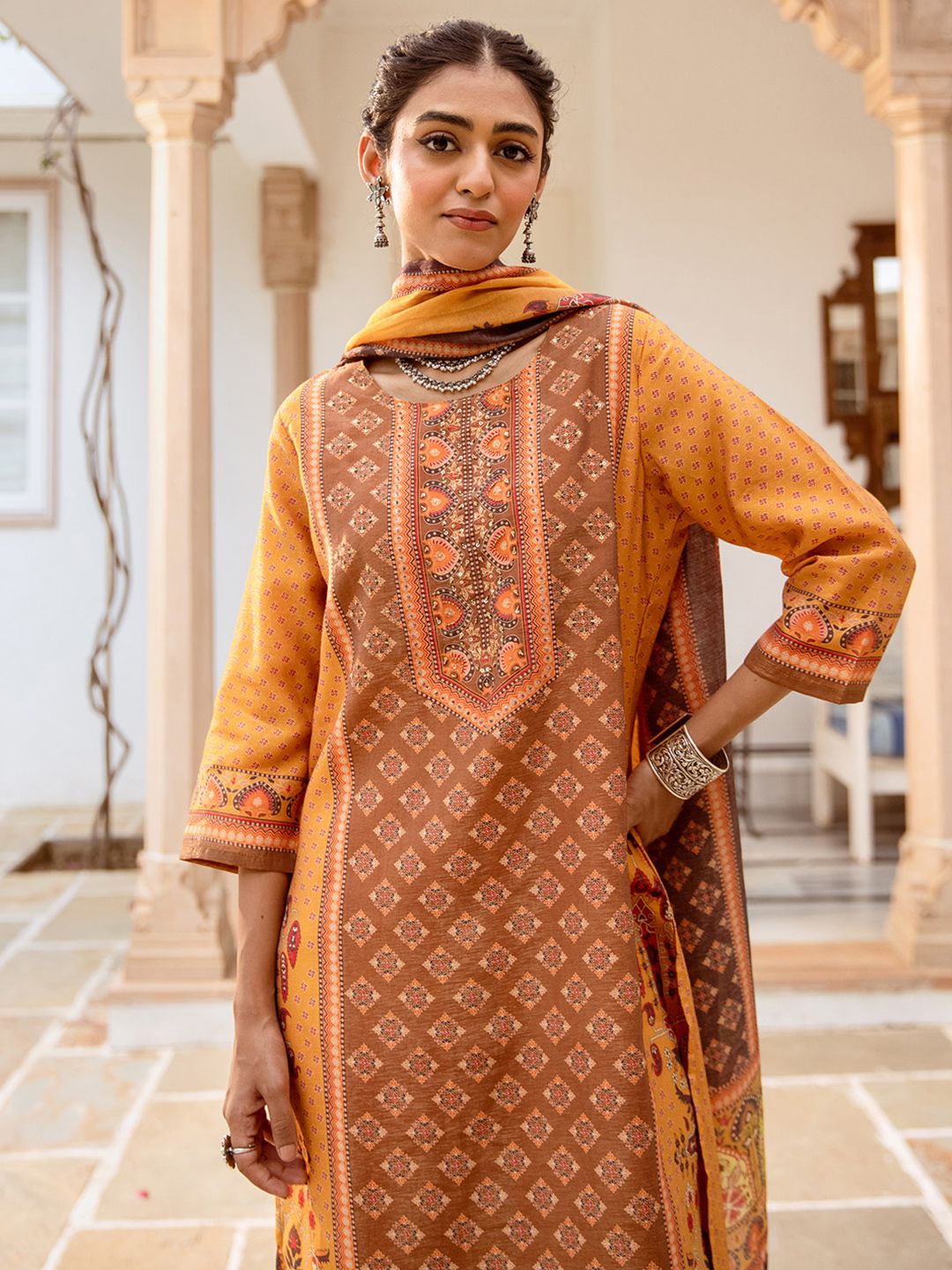 Dhiyona IS Women's Ethnic Motifs Printed Pure Cotton Round Neck Straight Kurta with Trousers & Dupatta