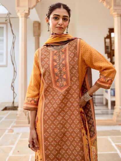 Dhiyona IS Women's Ethnic Motifs Printed Pure Cotton Round Neck Straight Kurta with Trousers & Dupatta