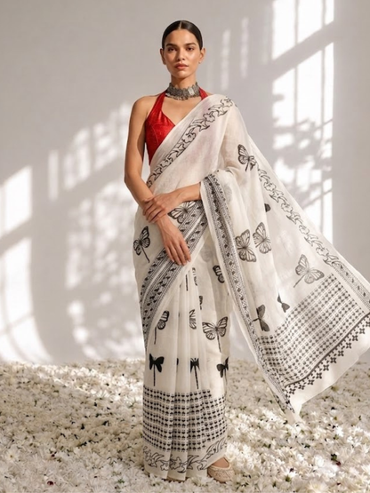 Dhiyona ST Butterfly White and Black Hand Block Cotton Saree with Red Printed Blouse