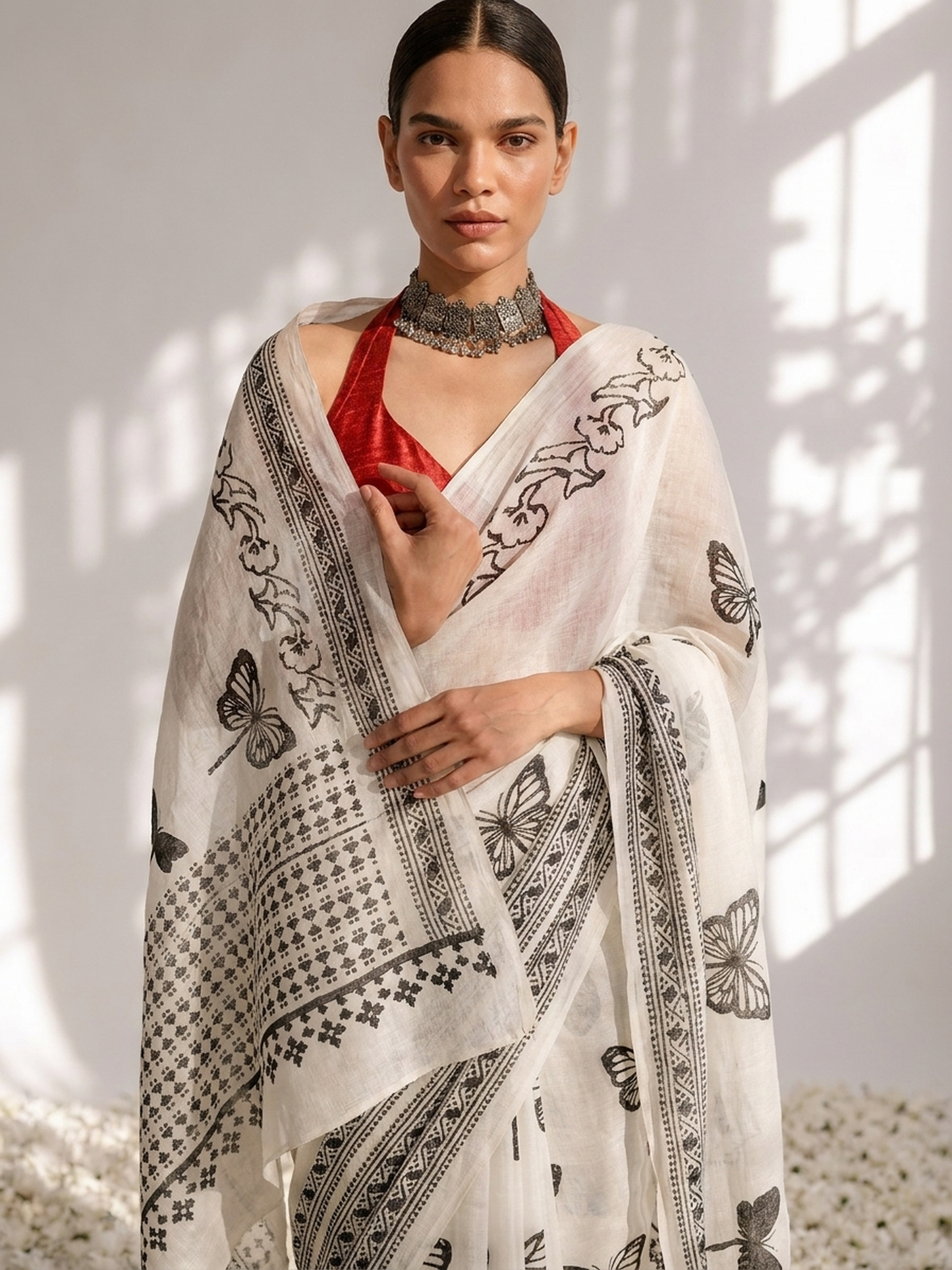 Dhiyona ST Butterfly White and Black Hand Block Cotton Saree with Red Printed Blouse