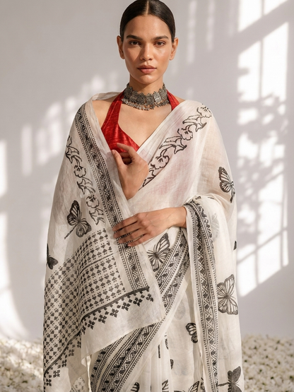 Dhiyona ST Butterfly White and Black Hand Block Cotton Saree with Red Printed Blouse
