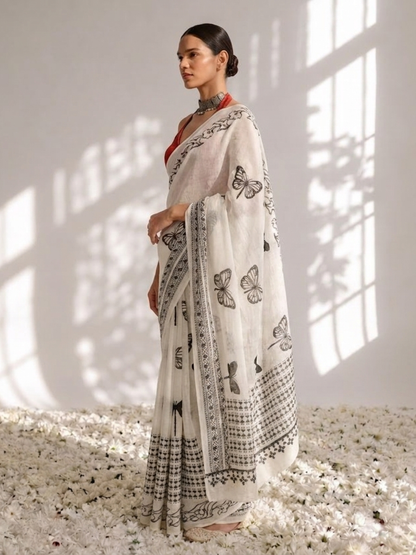 Dhiyona ST Butterfly White and Black Hand Block Cotton Saree with Red Printed Blouse