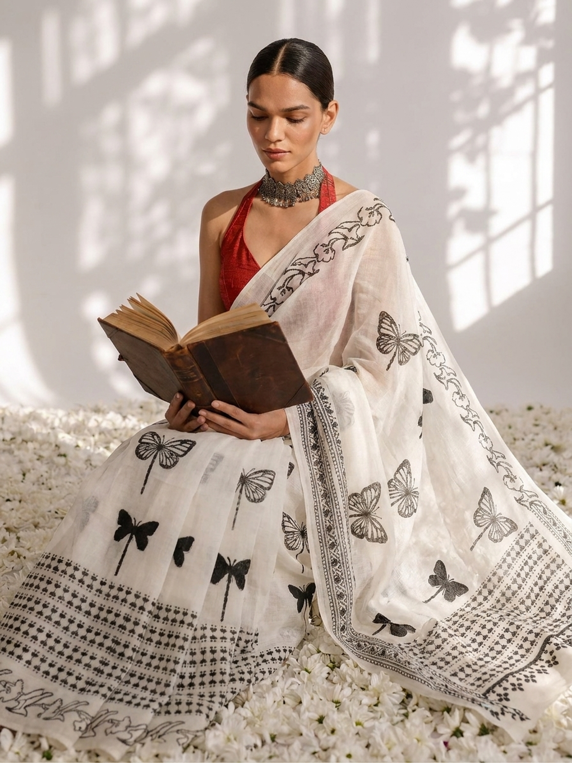 Dhiyona ST Butterfly White and Black Hand Block Cotton Saree with Red Printed Blouse