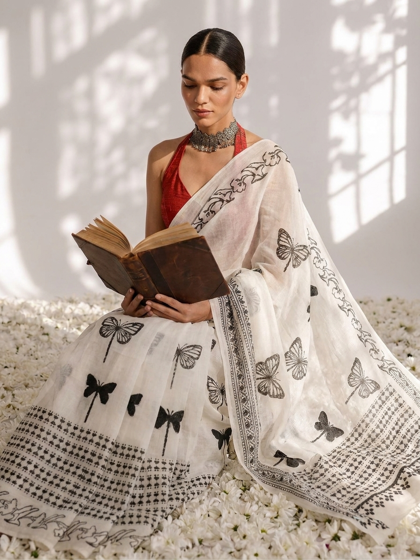 Dhiyona ST Butterfly White and Black Hand Block Cotton Saree with Red Printed Blouse