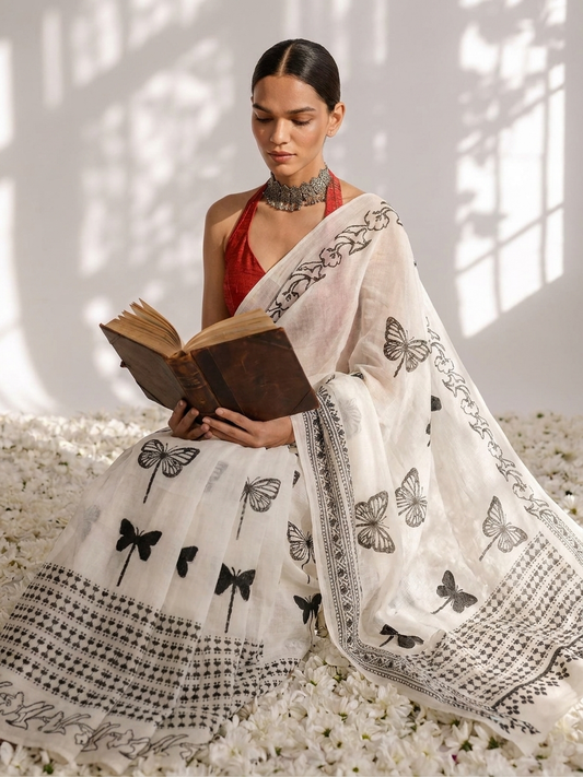 Dhiyona ST Butterfly White and Black Hand Block Cotton Saree with Red Printed Blouse