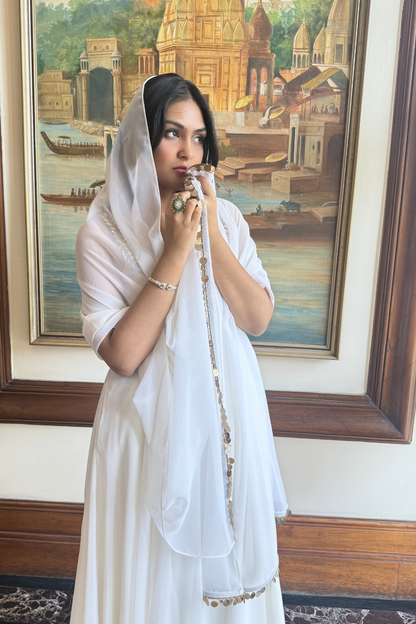 Dhiyona ST 3 pc Suit Set - White Georgette Anarkali Suit with Glass Beads Neck with Pants and Dupatta