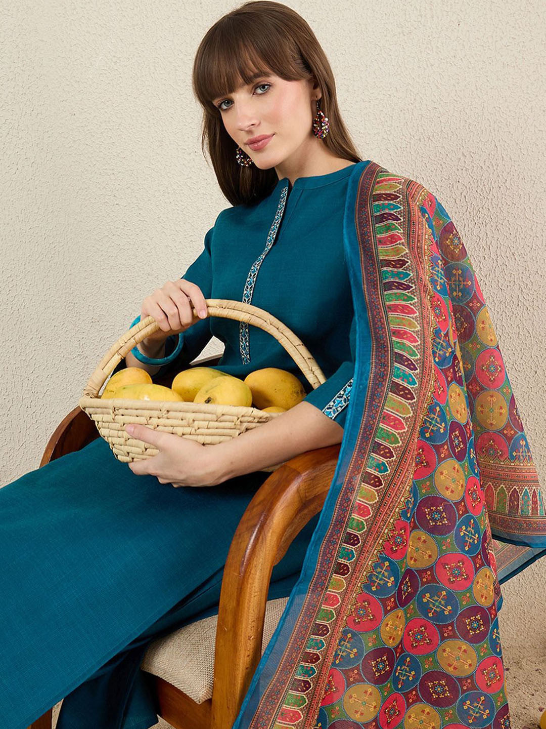 Women Solid Embroidered Kurta with Trousers & Dupatta