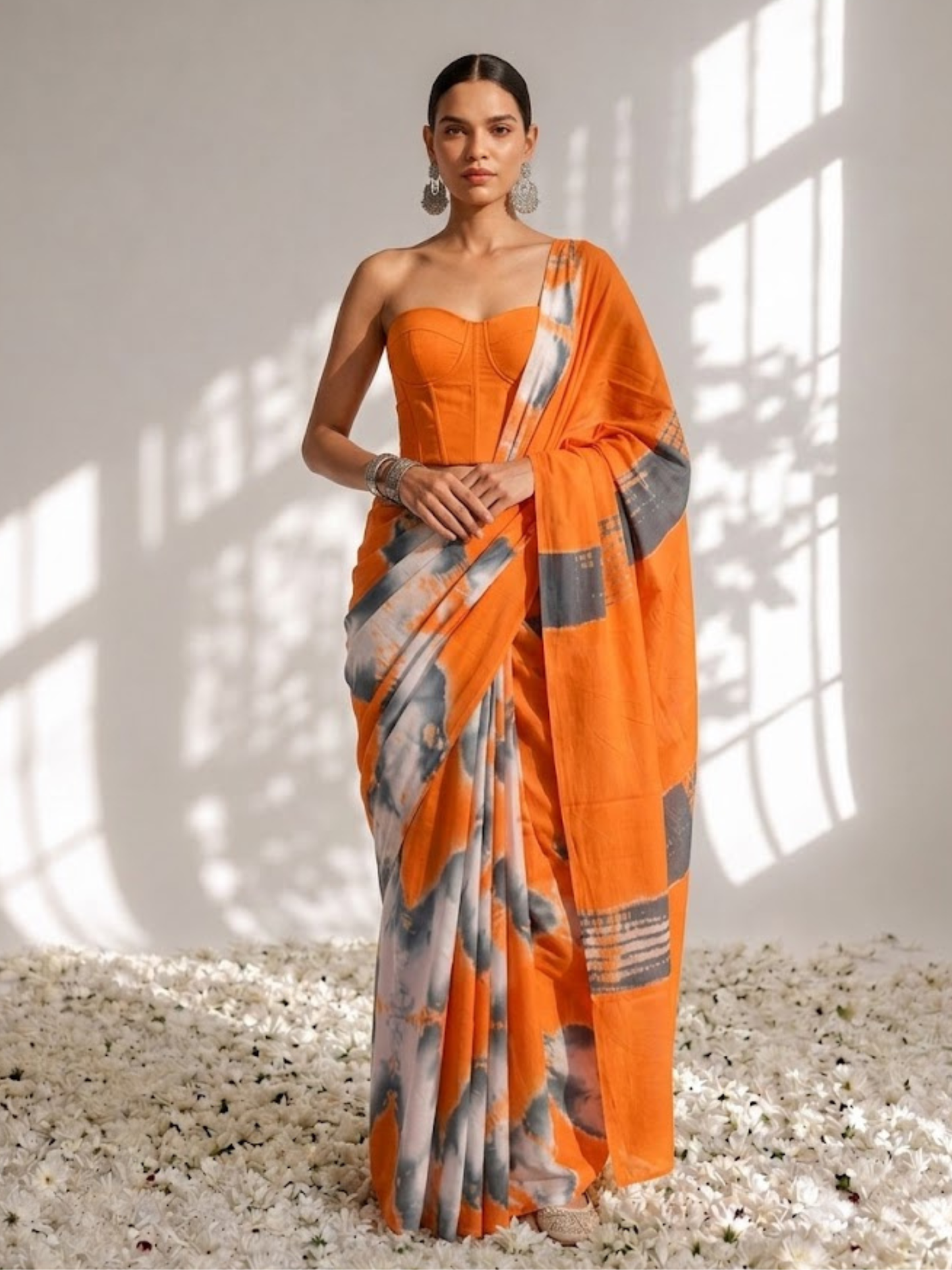 Dhiyona ST Orange and Grey Tie Dye Cotton Saree with Blouse fabric