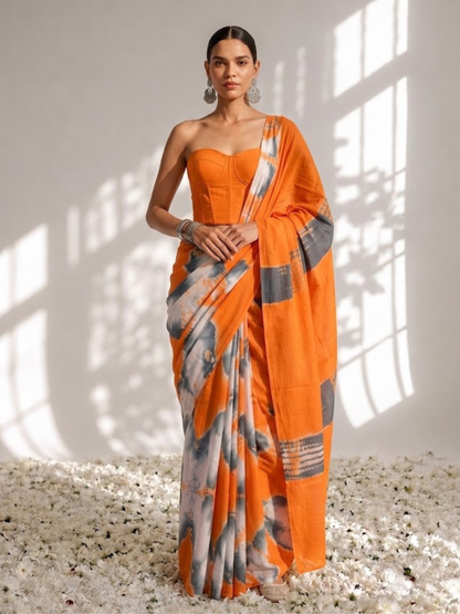 Dhiyona ST Orange and Grey Tie Dye Cotton Saree with Blouse fabric