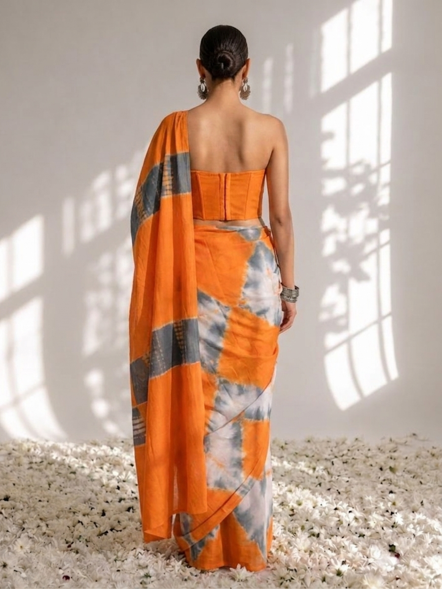 Dhiyona ST Orange and Grey Tie Dye Cotton Saree with Blouse fabric