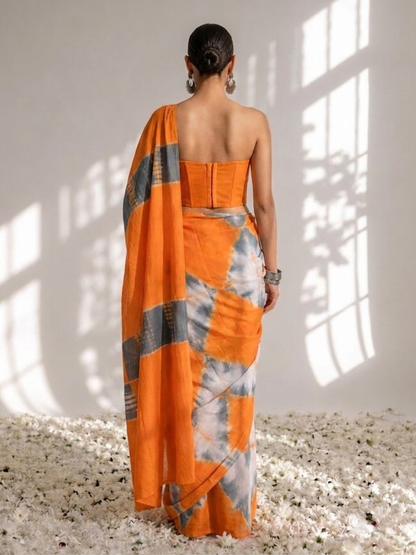 Dhiyona ST Orange and Grey Tie Dye Cotton Saree with Blouse fabric