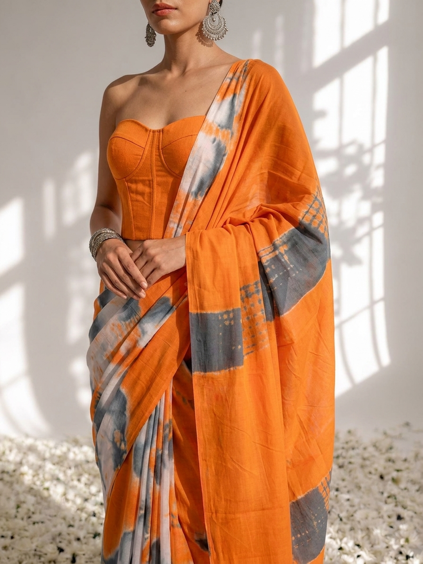 Dhiyona ST Orange and Grey Tie Dye Cotton Saree with Blouse fabric