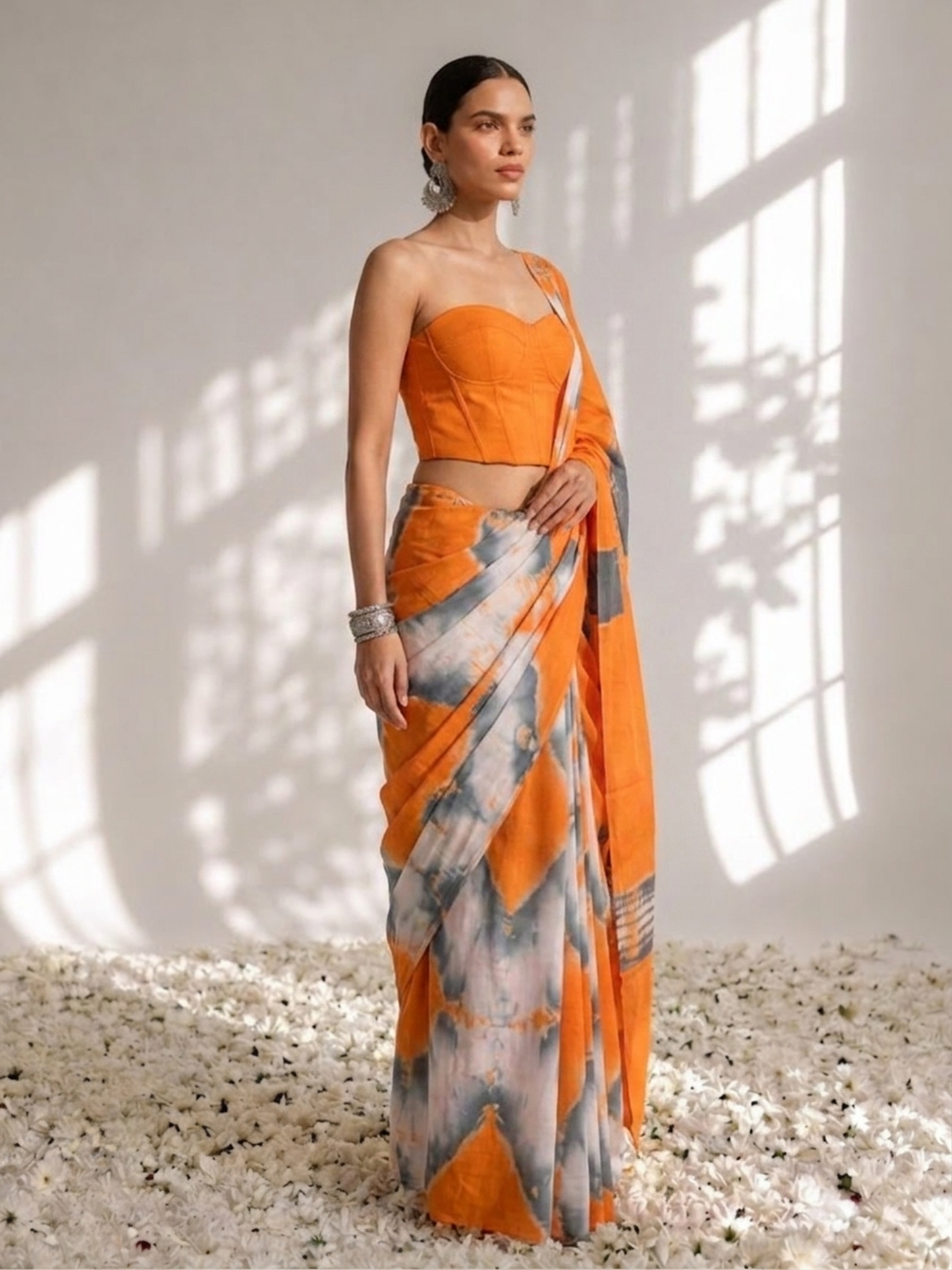 Dhiyona ST Orange and Grey Tie Dye Cotton Saree with Blouse fabric