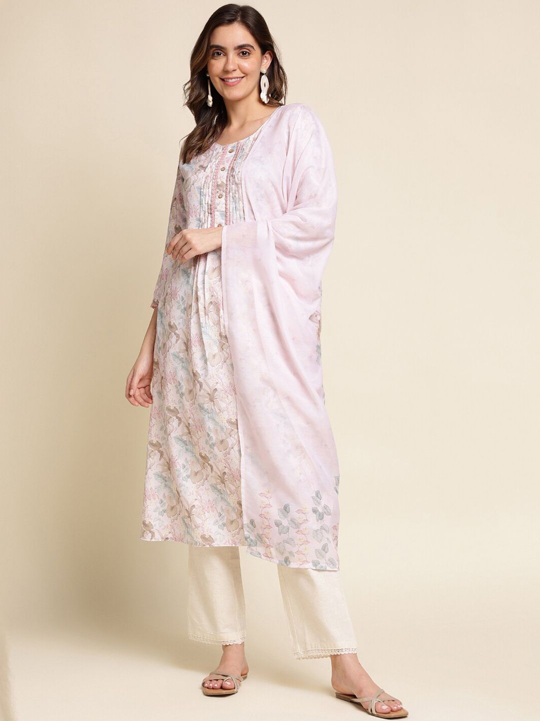 Dhiyona IS Women's Floral Printed Linen Kurta with Trousers & With Dupatta