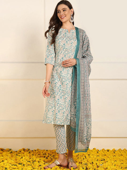 Dhiyona KL Floral Printed Regular Pure Cotton Straight Kurta with Trousers & Dupatta
