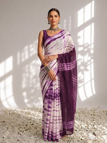 Dhiyona ST Chocolate and Purple Tie Dye Stripes Cotton Saree with Blouse fabric