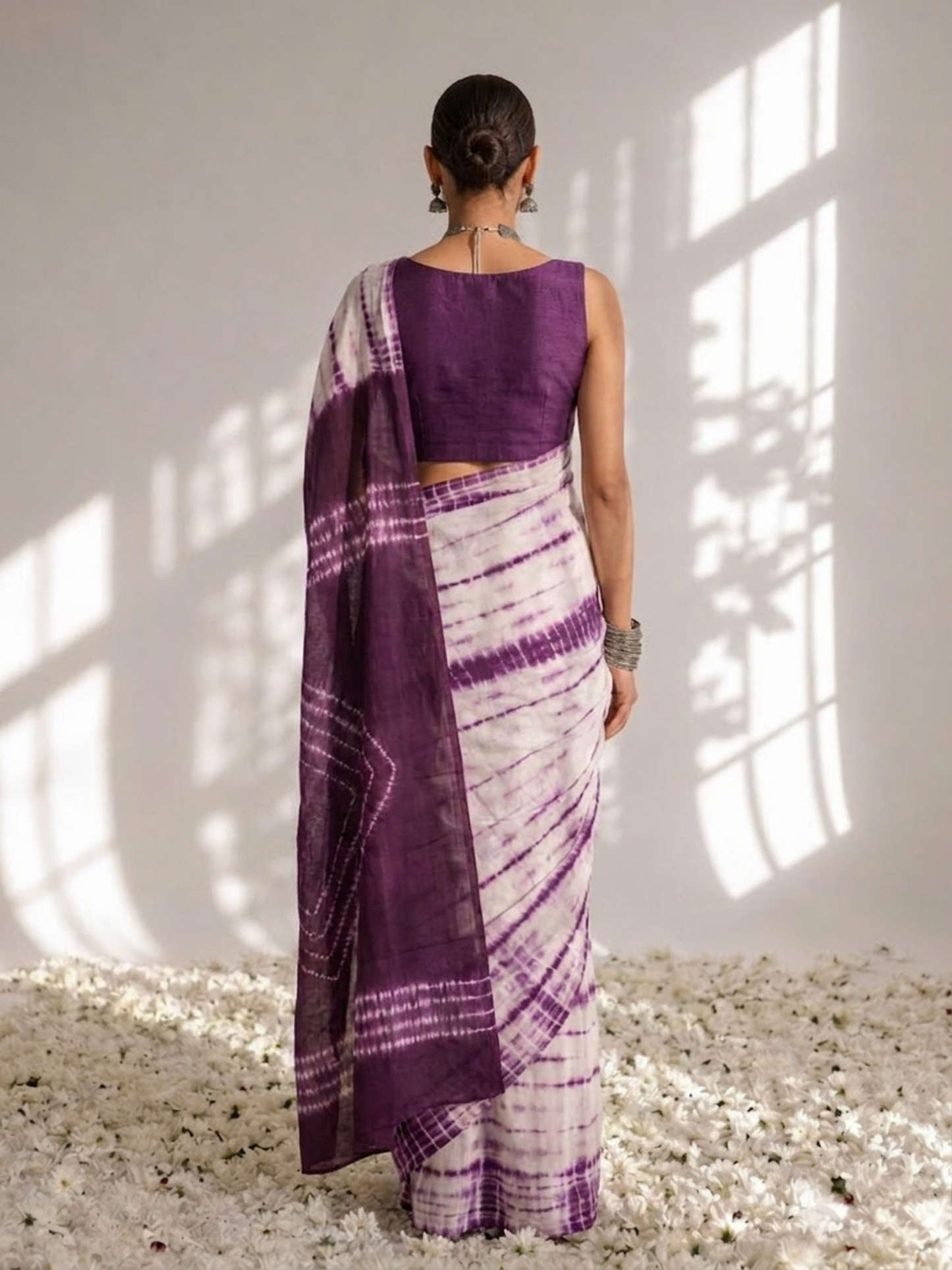 Dhiyona ST Chocolate and Purple Tie Dye Stripes Cotton Saree with Blouse fabric
