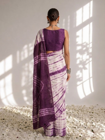 Dhiyona ST Chocolate and Purple Tie Dye Stripes Cotton Saree with Blouse fabric