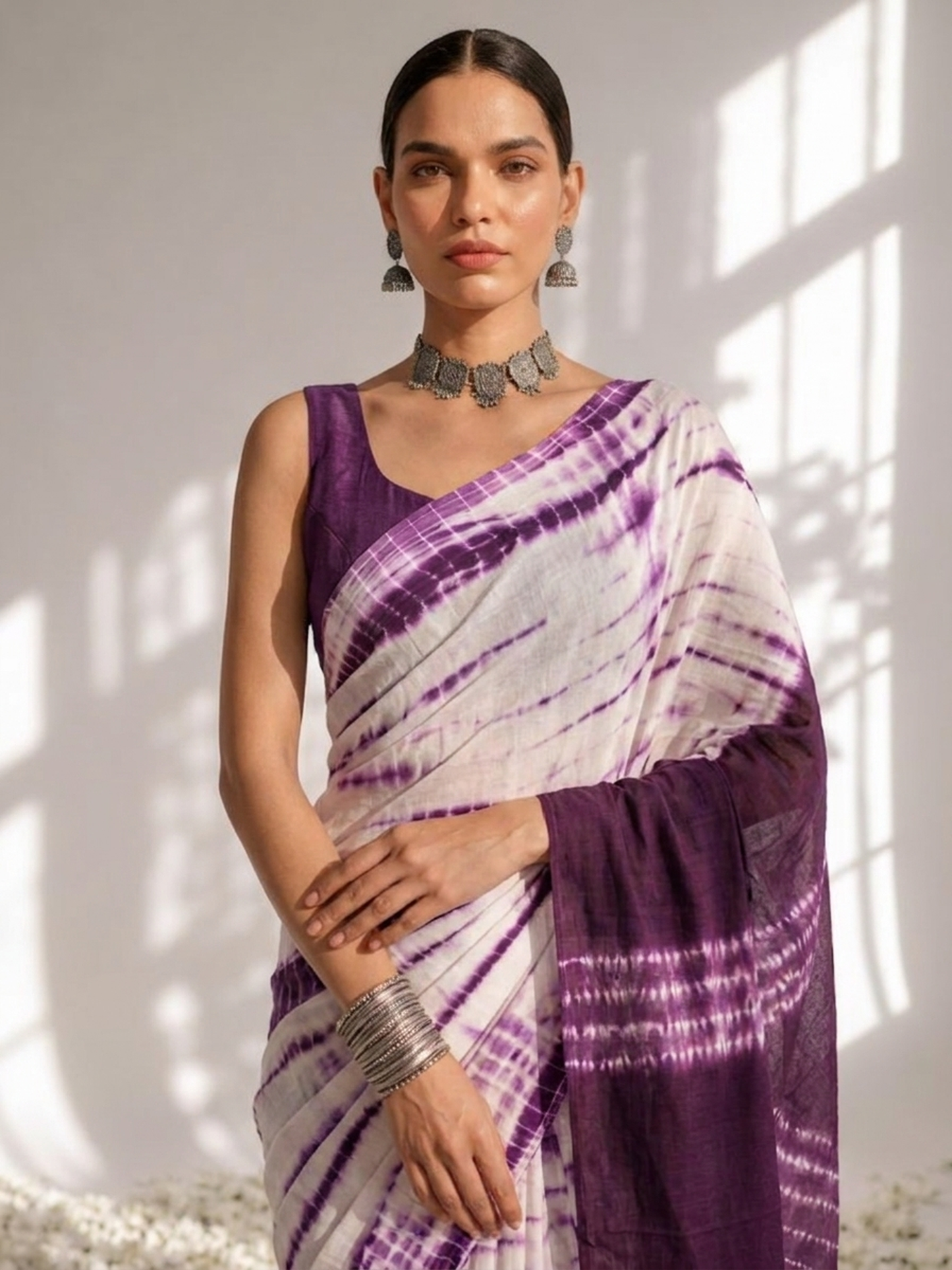 Dhiyona ST Chocolate and Purple Tie Dye Stripes Cotton Saree with Blouse fabric