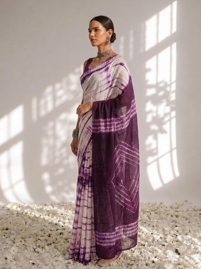 Dhiyona ST Chocolate and Purple Tie Dye Stripes Cotton Saree with Blouse fabric