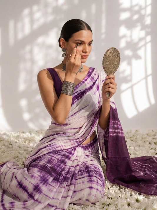 Dhiyona ST Chocolate and Purple Tie Dye Stripes Cotton Saree with Blouse fabric