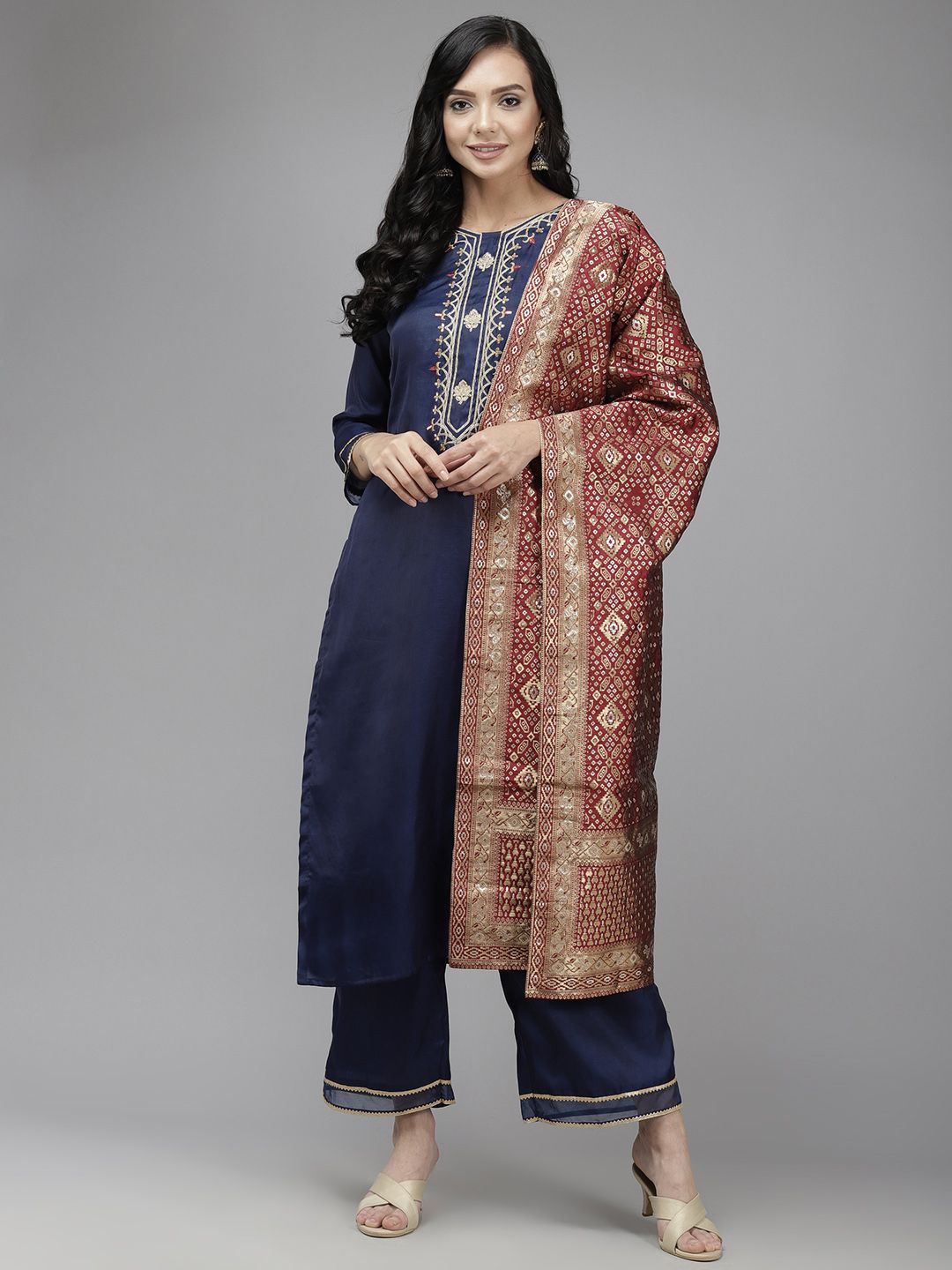 Dhiyona IE Women Navy Blue Yoke Embroidered Kurta with Palazzos & Dupatta