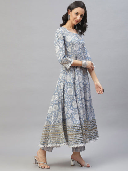 Dhiyona KL Floral Printed Gotta Patti Pure Cotton Anarkali Kurta With Trousers & Dupatta