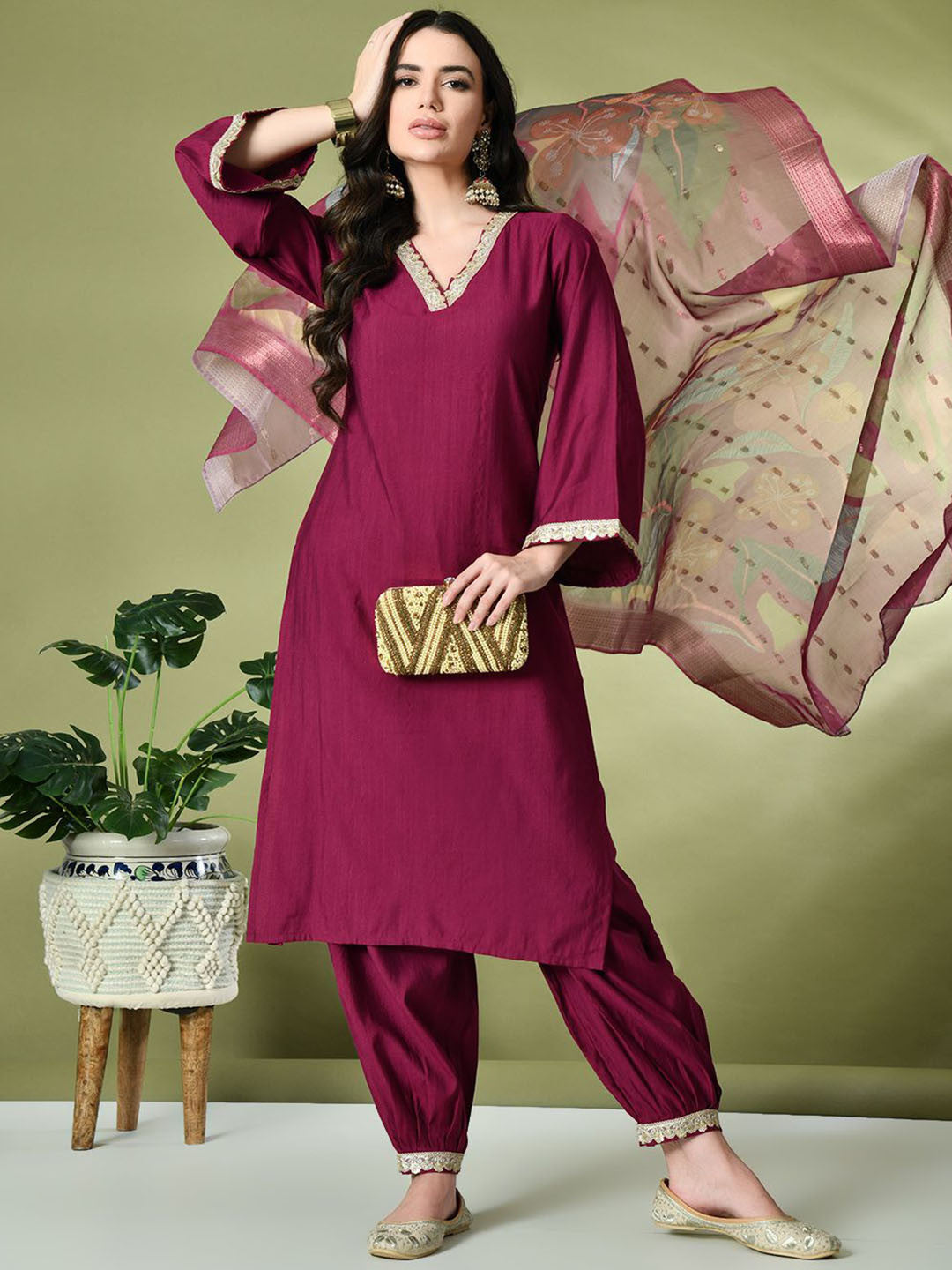 Magenta Flared Sleeves Thread Work Straight Kurta With Salwar & Dupatta