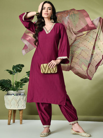 Magenta Flared Sleeves Thread Work Straight Kurta With Salwar & Dupatta