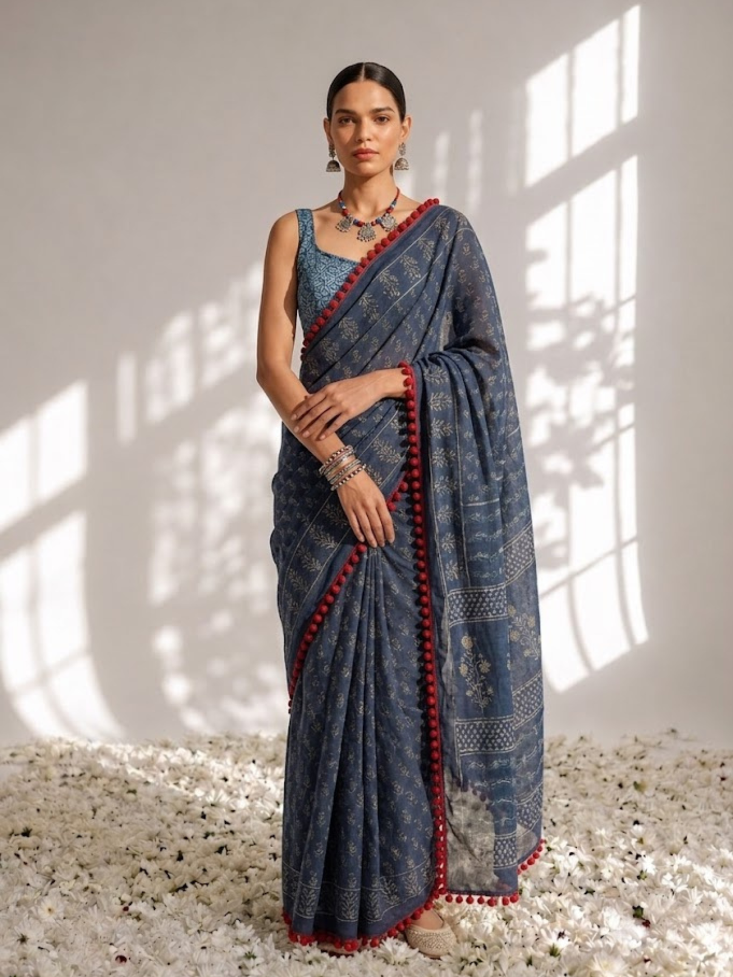 Dhiyona ST Indigo Hand Block Printed Saree with Red Lace and Blouse Fabric
