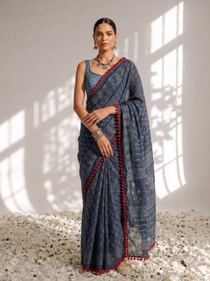 Dhiyona ST Indigo Hand Block Printed Saree with Red Lace and Blouse Fabric