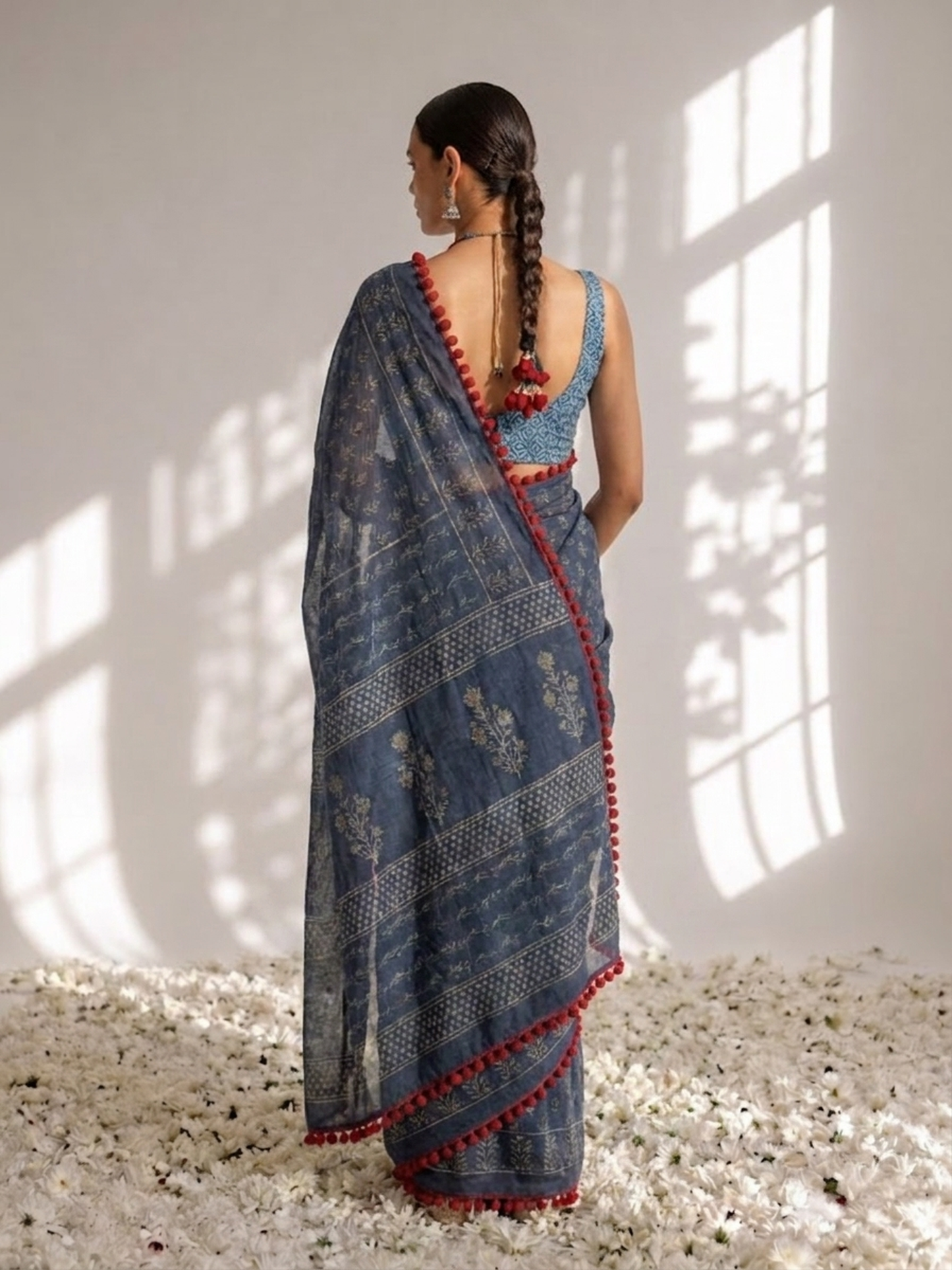 Dhiyona ST Indigo Hand Block Printed Saree with Red Lace and Blouse Fabric