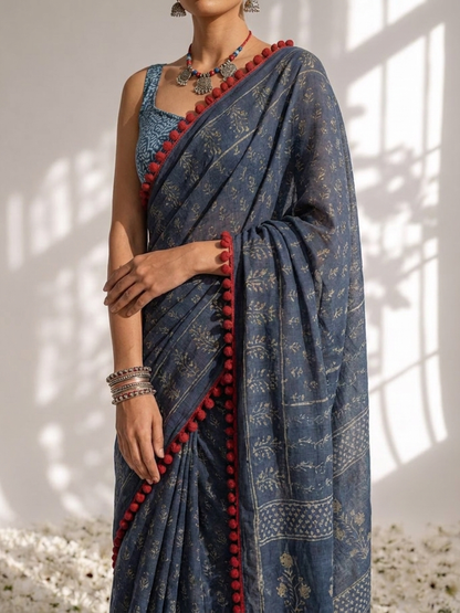 Dhiyona ST Indigo Hand Block Printed Saree with Red Lace and Blouse Fabric