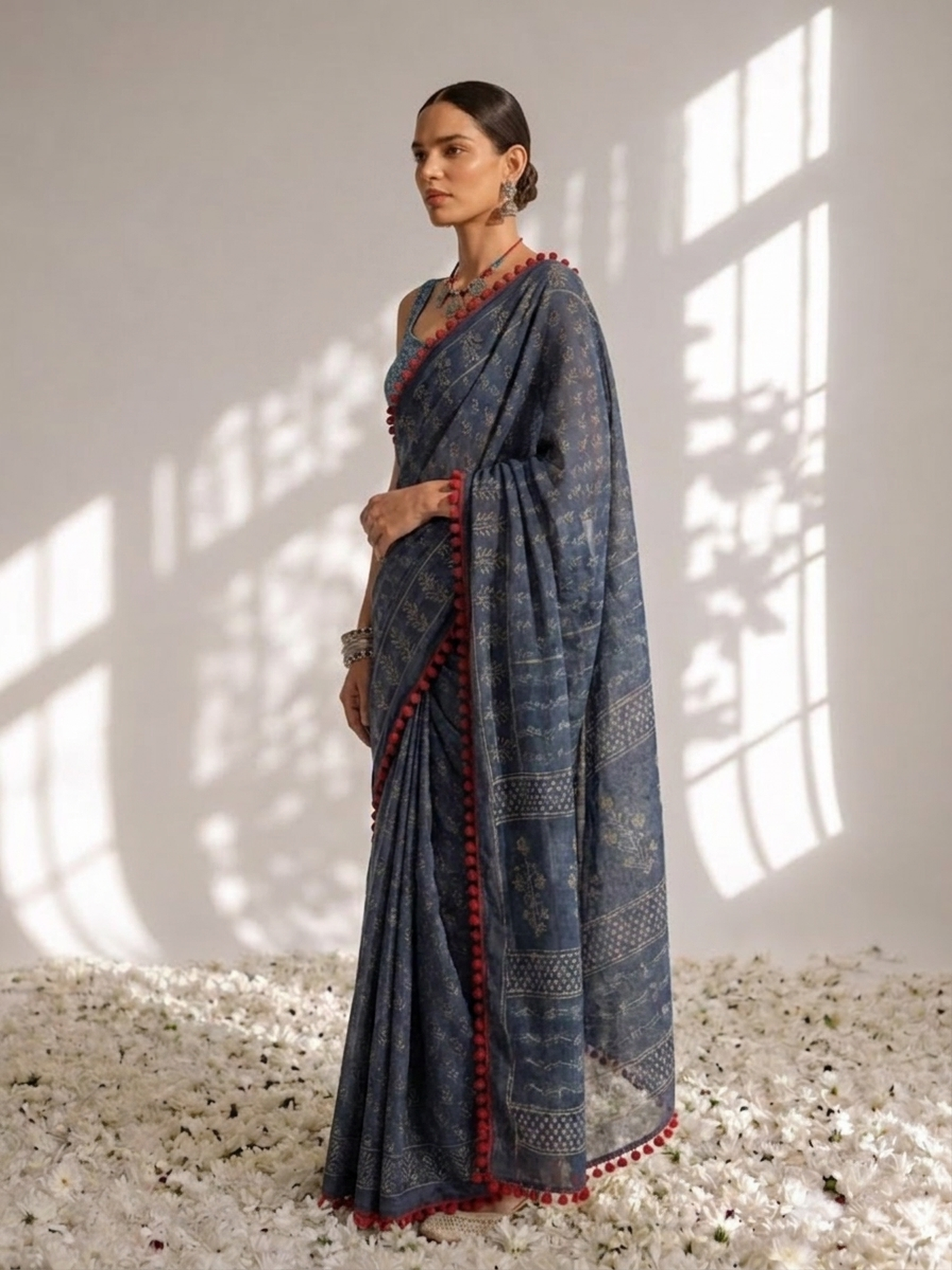 Dhiyona ST Indigo Hand Block Printed Saree with Red Lace and Blouse Fabric