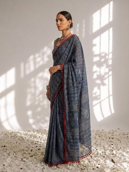 Dhiyona ST Indigo Hand Block Printed Saree with Red Lace and Blouse Fabric