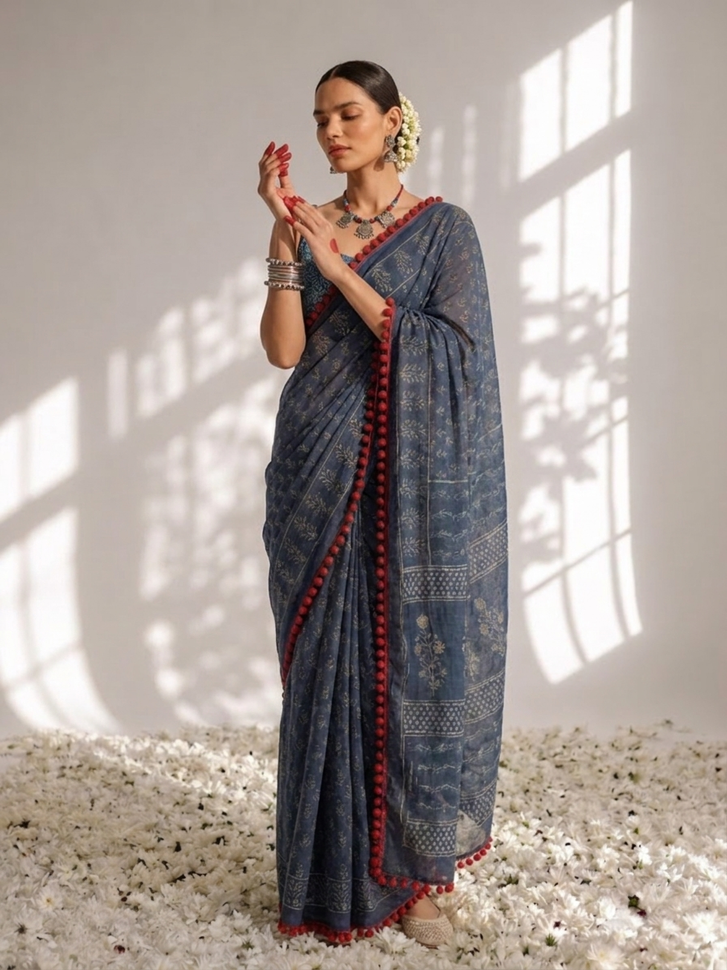 Dhiyona ST Indigo Hand Block Printed Saree with Red Lace and Blouse Fabric
