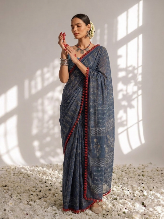 Dhiyona ST Indigo Hand Block Printed Saree with Red Lace and Blouse Fabric