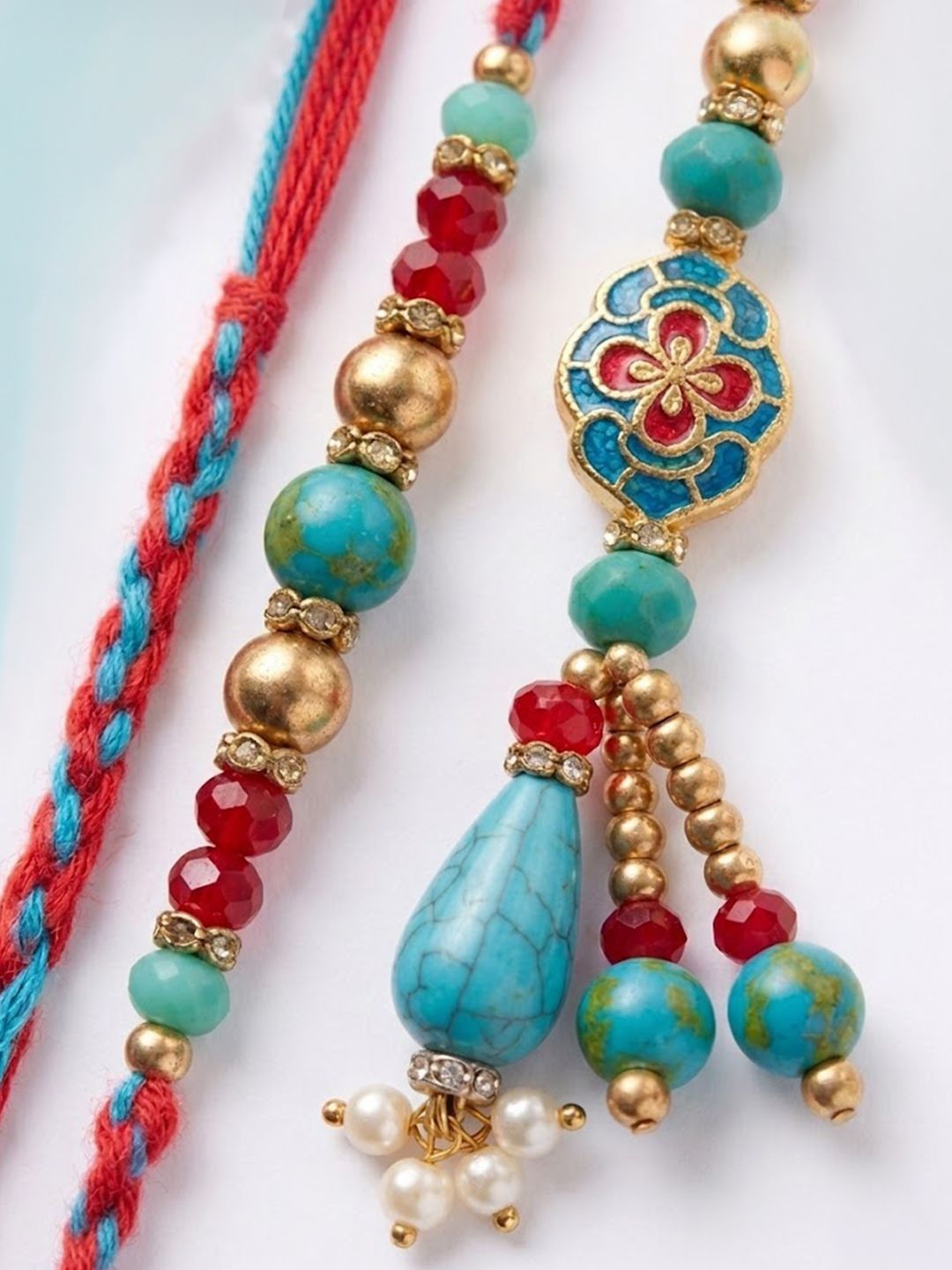 Dhiyona Set Of 2 Multicolor Artificial Beads Bhaiya Bhabhi Thread Rakhi With Roli Chawal